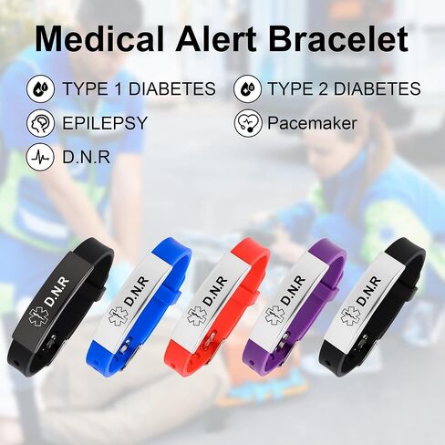 Medical Alert Bracelet for Women Men, Adjustable Medical Alert ID Silicone Wristband for Diabetic D.N.R Pacemaker Epilepsy in Saudi Arabia