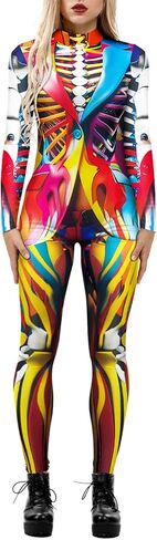 Women's Costume Bodysuits Halloween Cosplay Long Sleeve Jumpsuit Printed Skeleton Suit uniform Romper in Saudi Arabia
