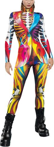 Women's Costume Bodysuits Halloween Cosplay Long Sleeve Jumpsuit Printed Skeleton Suit uniform Romper in Saudi Arabia