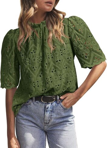 Prettygarden Womens Summer Tops 2025 العصرية قصيرة الأكمام العيينة مطرزة قمصان بلوزة غير رسمية أنيقة in Saudi Arabia