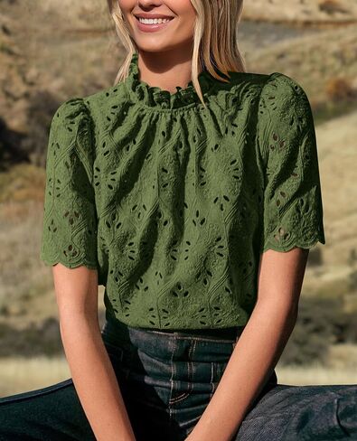 Prettygarden Womens Summer Tops 2025 العصرية قصيرة الأكمام العيينة مطرزة قمصان بلوزة غير رسمية أنيقة in Saudi Arabia