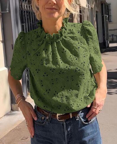 Prettygarden Womens Summer Tops 2025 العصرية قصيرة الأكمام العيينة مطرزة قمصان بلوزة غير رسمية أنيقة in Saudi Arabia