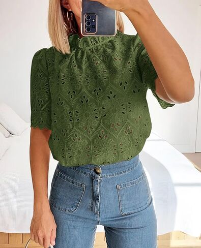 Prettygarden Womens Summer Tops 2025 العصرية قصيرة الأكمام العيينة مطرزة قمصان بلوزة غير رسمية أنيقة in Saudi Arabia