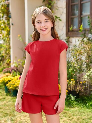 Haloumoning Girls Summer Outfits Casual Lounge Set Cap Sleeve T Shirt and Elastic Waist Shorts 2 Piece Clothing Sets in Kuwait