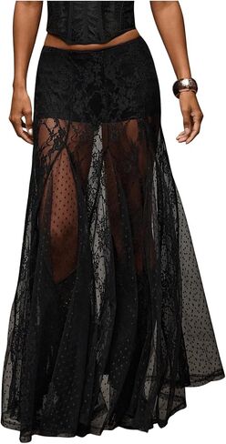 WDIRARA Women's Sexy See Through Sheer Lace Maxi Skirt Low Waist Ruffle Hem A Line Flowy Skirt in Saudi Arabia