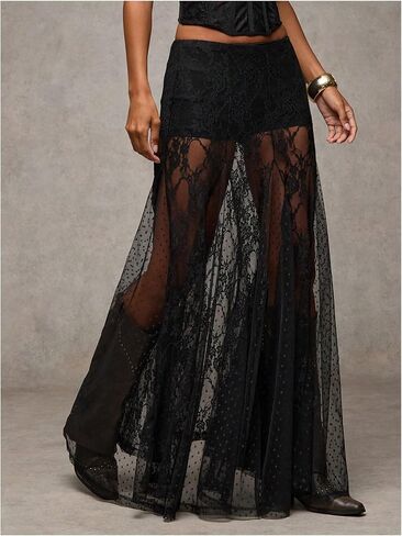 WDIRARA Women's Sexy See Through Sheer Lace Maxi Skirt Low Waist Ruffle Hem A Line Flowy Skirt in Saudi Arabia