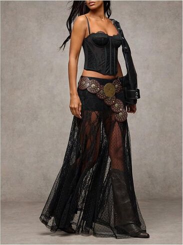 WDIRARA Women's Sexy See Through Sheer Lace Maxi Skirt Low Waist Ruffle Hem A Line Flowy Skirt in Saudi Arabia