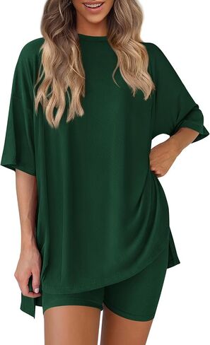 PRETTYGARDEN Women's Two Piece Lounge Set 2025 Summer Casual Oversized Shirts Biker Shorts Matching Airport Travel Outfit in Saudi Arabia