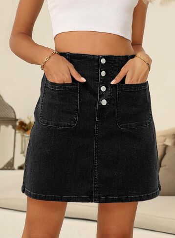 Sidefeel Women's Jean Skirt High Waist Summer Stretch Zimbaplatinum Denim Skirt Button Mini Skirt with Pockets in Saudi Arabia