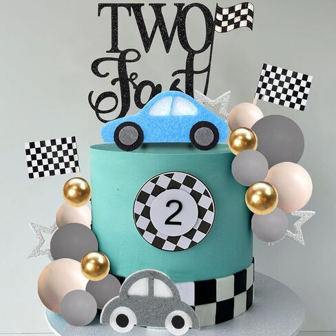 27 PCS Two Fast Cake Toppers Race Car 2nd Birthday Cake Decorations for Racing Car Checkered Flag Birthday Anniversary Party Decorations Supplies (01) in Saudi Arabia