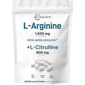 L-Arginine 1,600mg + L-Citrulline 800mg, 240 Bisected Tablets | Extra Strength Nitric Oxide Precursor | Amino Acid Complex | Muscle, Energy, & Heart Support Supplement | Non-GMO, Gluten Free