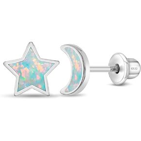 925 Sterling Silver Simulated Opal Moon and Star Safety Screw Back Earrings For Little Girls - Celestial Moon and Star Earrings For Younger Girls