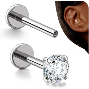BodyBonita 16G Stud Earrings Flat Back - G23 Titanium Internal Thread Cartilage Earrings for Women Hypoallergenic CZ Stud Piercing Jewelry Tragus/Nose/Helix/Conch/Medusa/Lip/Labret 6mm 8mm