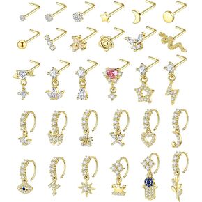 WAINIS 30Pcs 20G Dangle Nose Ring for Women L Shaped Dangling Nose Stud Surgical Steel Nose Ring Studs Dainty CZ Flower Heart Moon Star Dangle Rings Hoops Nose Piercing Jewelry