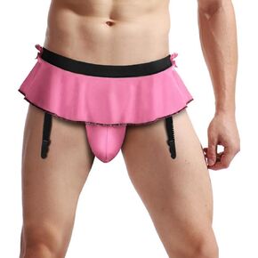 Men's Sissy Skirt Pouch Panties Bikini Briefs Low Rise T-Back G-String Thong with Garter Underwear