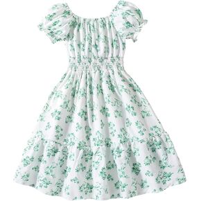 Floerns Girl's Boho Floral Print Puff Short Sleeve A Line Dress Ruffle Hem Summer Dresses