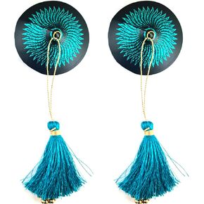 فطائر الشرابة - فطائر Sun Goddess Teal القابلة لإعادة الاستخدام للملابس الداخلية ، والأزياء المهجورة ، وأزياء الهذيان ، والكرنفال - 2pcs بريق الأزياء مع شرابة بالخرز القابلة للإزالة ، 2.75 "× 7"