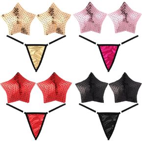 Coume 4 Sets Bikini for Women G String with Nipple Covers Glitter,4 Colors