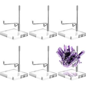 6 Pcs Rock Display Stand with Acrylic Base, Adjustable Metal Arm Crystal Display Stand, Silver Small Holder for Gemstones, Fossils, Crystal, Minerals, Agate(2.4 X 2.4 X 4.1 Inches)