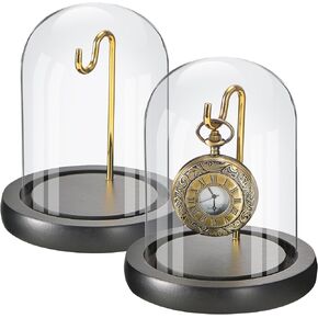 2 Pcs Pocket Watch Glass Display with Hooks Dome Cloche with Black Wood Base Decorative Glass Display Dome Showcase for Watch Plants Medals Photos Collectibles Dark MDF Base(3.9" X 4.5",Gold Hook)