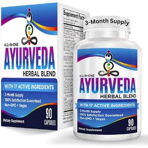 AYURVEDA 3-Month Herbal Blend (17-in-1) Supplement Complex | Natural Ayurvedic Herbs | Strong Mind, Body, & Spirit Supplements | Pills | Ayurveda Products | Bulk Savings 90-Day Supply | 90 Capsules