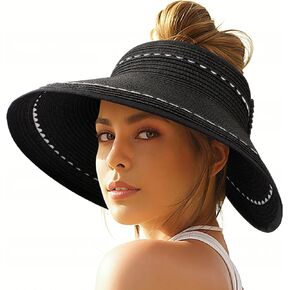 Sun Hats for Women, Beach Hat Sun Hat Women Visor Hats Wide Brim Straw Ponytail Hats for Women Foldable (Curl Packaging)