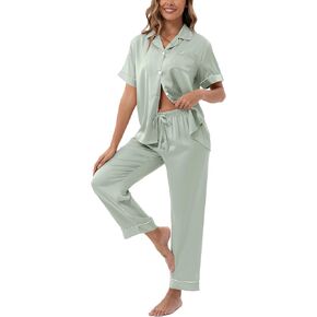 UMBY Silk Satin Pajamas for Women Set 2 Piece button down Soft Silk Pjs Sets Cozy Silky Pajama Short Sleeve