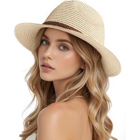 DOFOWORK Beach Hats for Women - Sun Straw Fedora Hats for Women, Packable Sun Hat Womens with Chin Strap, UPF 50+
