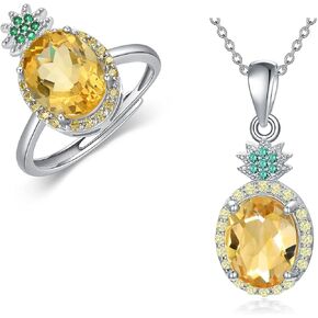 925 Sterling Silver Pineapple Rings and Necklace Adjustable Yellow Crystal Rings for Women Pineapple Birthstone Ring Birthday Gift for Women Girls Teens