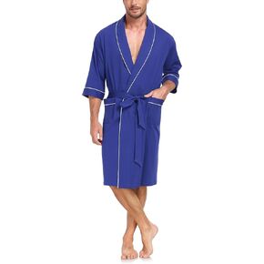EA'S SECRET 100% Cotton Mens Lightweight Robe Summer Short Sleeve Bathrobe Soft Knee Length Robe with Pockets