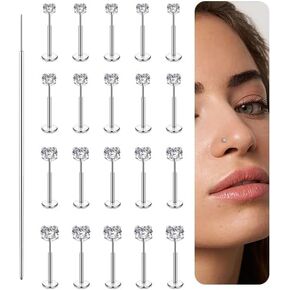 21pcs أنف ترصيع الفولاذ المقاوم للصدأ من الفولاذ المقاوم للصدأ بيرسيينغز الأزرار الشفاه دفع في أقراط مسطحة الخلفية Cz الأنف الأنف tragus helix body piercing المجوهرات 20g 18g