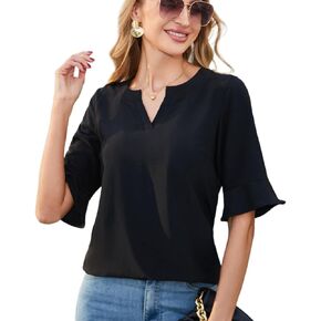 2025 Summer New Women's V-Neck Blouse with Ruffle Sleeves, Black, Casual Office Top
