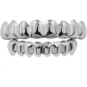 18K Gold Plated Gold Finish 8 Top Teeth 8 Bottom Tooth Hip Hop Teeth Grillz + 2 Molding Bars for Men and Women