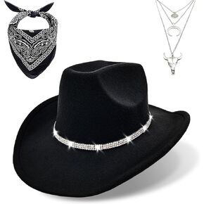 Western Black Cowboy Hats for Women Men, Fedora Wide Brim Sparkly Rhinestone Cowgirl Hat with Bandana and Evil Eye Bull Head Necklace