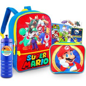 Super Mario Backpack with Lunch Box Set for Boys - Bundle with Mario Backpack, Mario Lunch Bag, Stickers, Water Bottle, More | Super Mario Bros Backpack for Kids