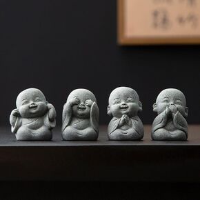 Laughing Buddha Statue Decor - 4Pcs Small Zen Monk Sandstone Buddha Sculpture for Wealth Good Luck Feng Shui Decor, Cute Zen Decoration for Home Office Desk Indoor and Outdoor(Gray)