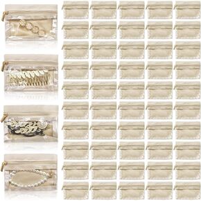 50 Pieces Travel Jewelry Bags, Clear Jewelry Pouch Bag with Zipper, Portable Velvet Earring Storage Necklace Organizer for Women Gift, Rings, Bracelets, Beige