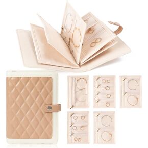 Jewelry Travel Organizer Case -5 Pouch Jewelry Roll for Necklaces, Rings, Earrings Jewelry Storage Ring Binder PU Leather for Women (Beige & White)