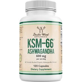 مكملات الخشب المزدوج Ashwagandha KSM 66 مستخلص عضوي ومدروس سريريًا (600 ملغ لكل وجبة ، 120 كبسولة ، 60 حصصًا) مدير كورتيزول Adaptogen للنساء والرجال