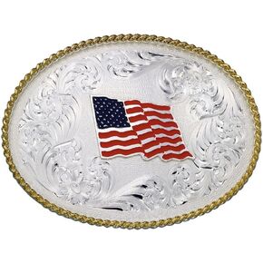 Montana Silversmiths Rope Trimmed Filigree Engraved Classic Oval Western Buckle (American Flag Silver)