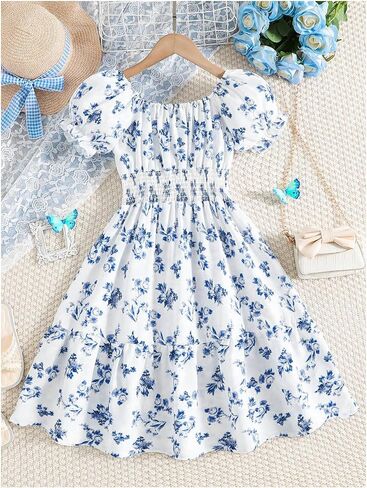 Floerns Girl's Boho Floral Print Puff Short Sleeve A Line Dress Ruffle Hem Summer Dresses in Kuwait
