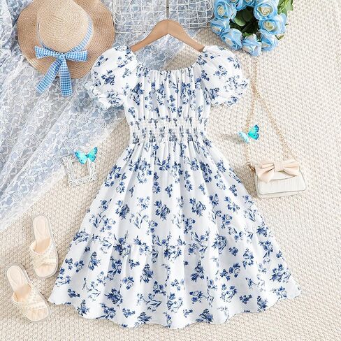 Floerns Girl's Boho Floral Print Puff Short Sleeve A Line Dress Ruffle Hem Summer Dresses in Kuwait
