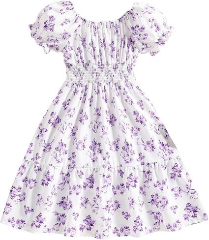 Floerns Girl's Boho Floral Print Puff Short Sleeve A Line Dress Ruffle Hem Summer Dresses in Kuwait