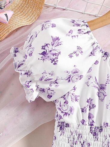 Floerns Girl's Boho Floral Print Puff Short Sleeve A Line Dress Ruffle Hem Summer Dresses in Kuwait