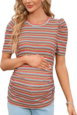Maternity Shirts Women's Casual Floral Print Tops Pregnancy Puff Short Sleeve Striped Ruched Side Tunic Top in Saudi Arabia