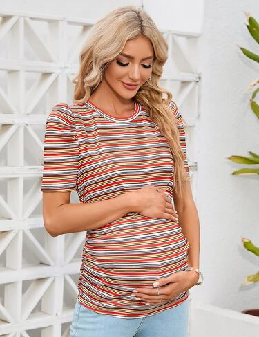 Maternity Shirts Women's Casual Floral Print Tops Pregnancy Puff Short Sleeve Striped Ruched Side Tunic Top in Saudi Arabia