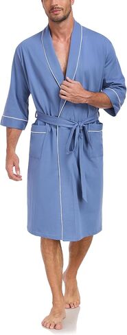 EA'S SECRET 100% Cotton Men's Lightweight Robe Summer Short Sleeve Bathrobe Soft Knee Length Robe with Pockets in Saudi Arabia