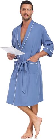 EA'S SECRET 100% Cotton Men's Lightweight Robe Summer Short Sleeve Bathrobe Soft Knee Length Robe with Pockets in Saudi Arabia