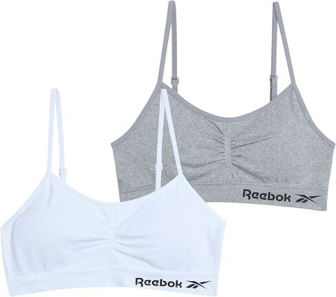 Reebok Girls' Bralette - Seamless Racerback Crop Cami Bralette with Removable Pads (2 Pack), Size Medium, All White in Saudi Arabia
