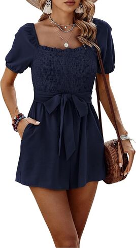 CCTOO Womens Rompers مدخن الأكمام الكشكشة عالية الخصر ببليتات قصيرة مع حزام in Kuwait